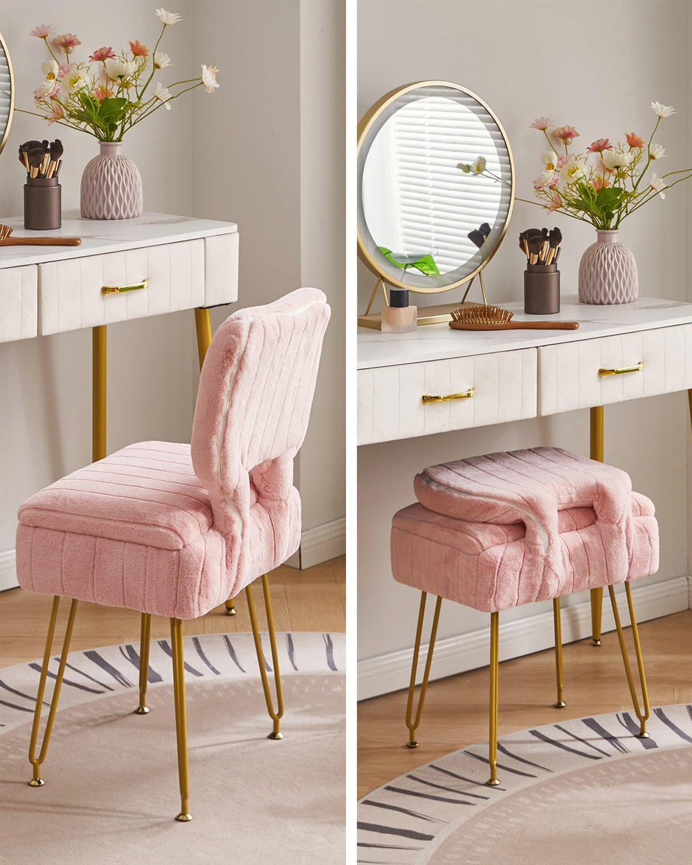 IBUYKE Vanity Stool with Storage, Folding Back Makeup Chair, Pink WBD030P