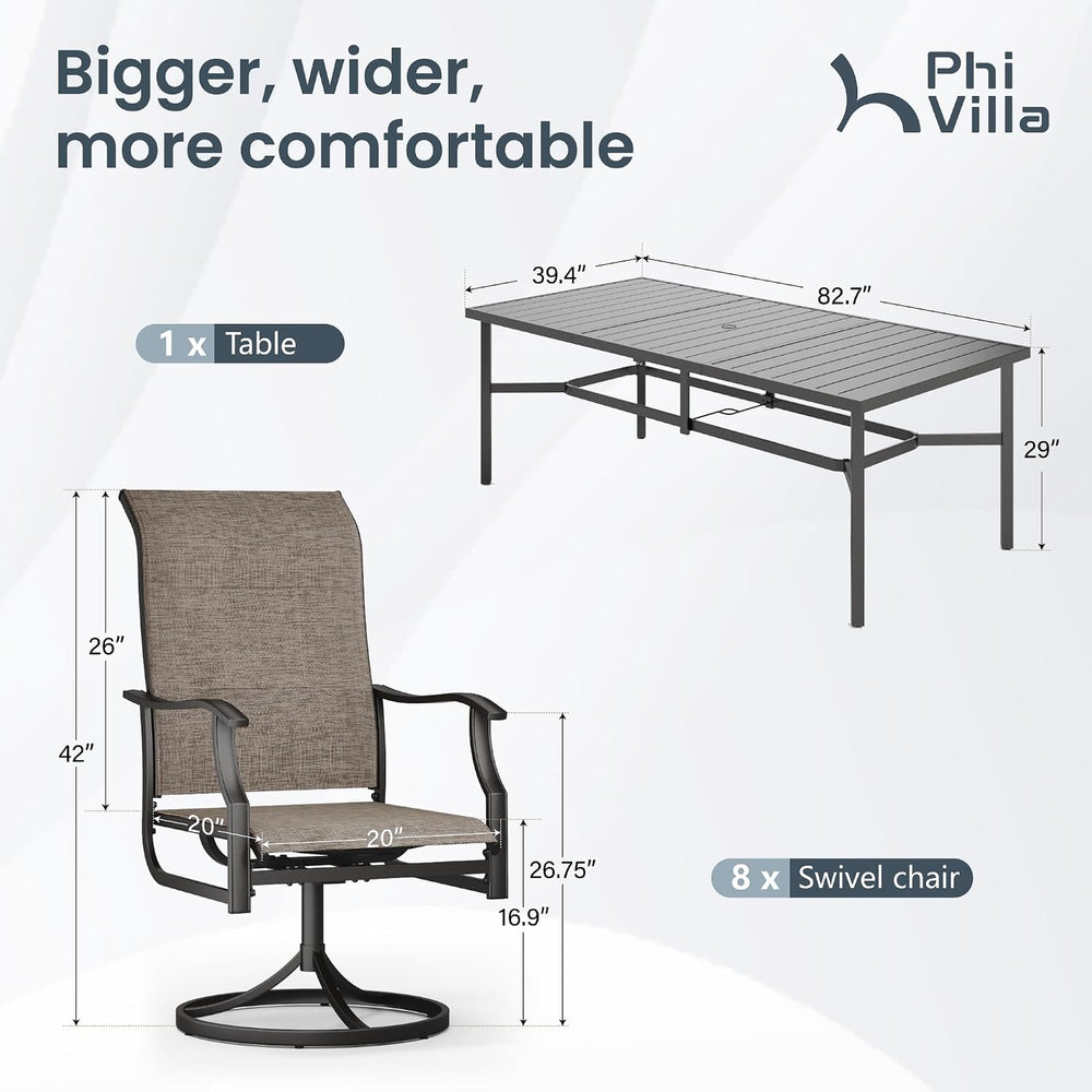 PHI VILLA Outdoor Dining Set for 8, Metal Table w/High Back Swivel Chairs