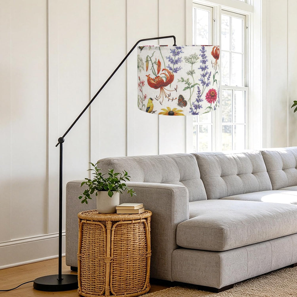 Drum Lampshades, Print Floral Linen Lamp Shade with White Frame