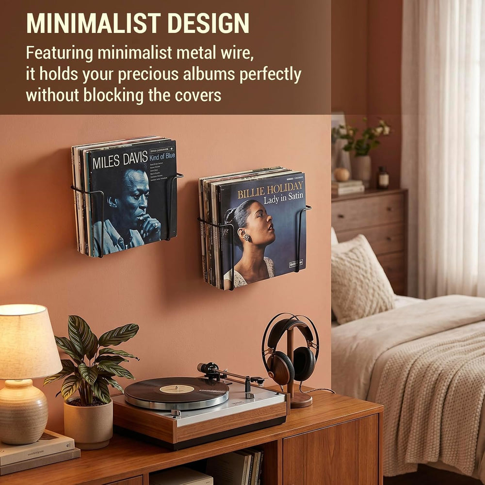 MyGift 2 Pack Vinyl Record Wall Mount Holder Black Metal Display Shelf