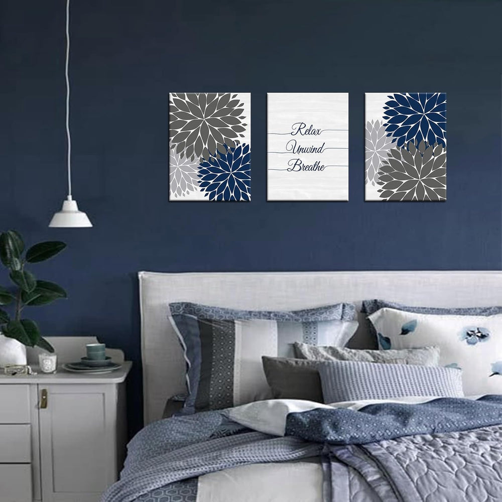 iHAPPYWALL 3 Pieces Relax Unwind Navy Bathroom Wall Art Blue and Grey Bath Fl...