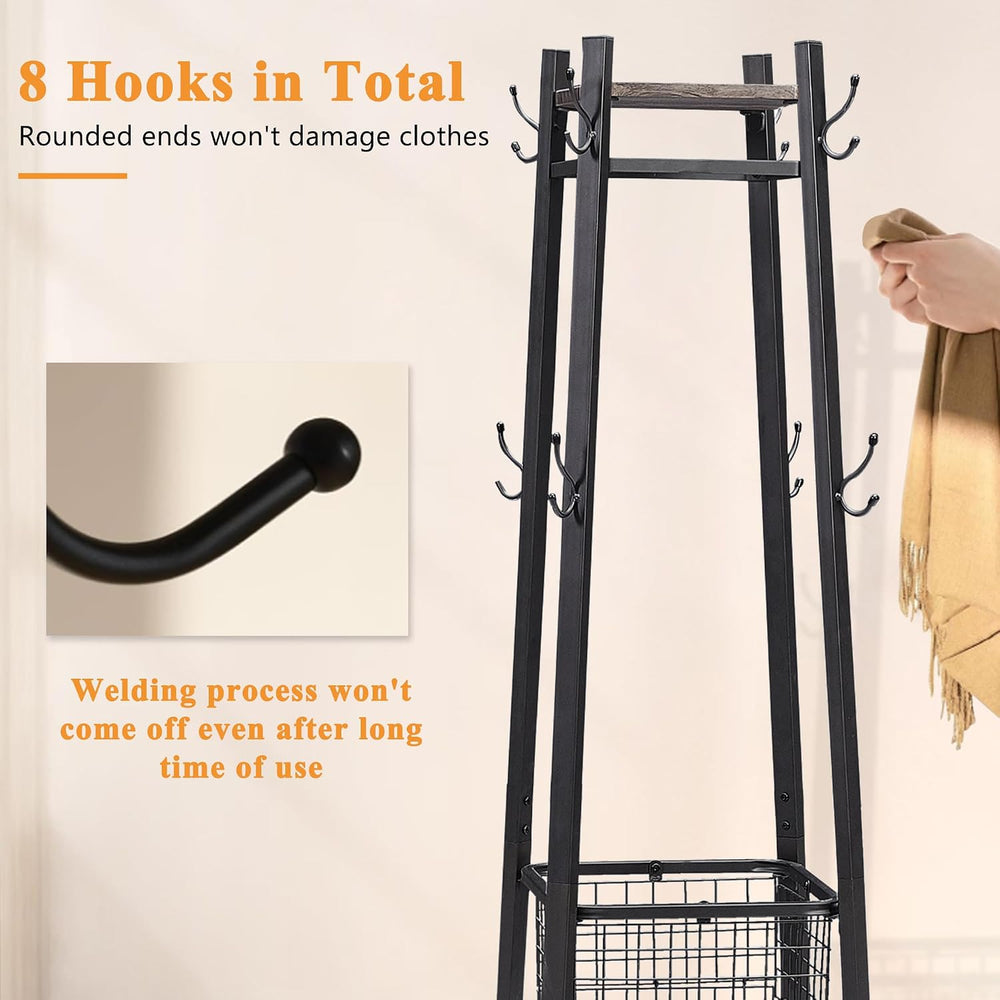 VECELO Coat Rack Freestanding,Hall Tree with Metal Basket and Storage Shelves...