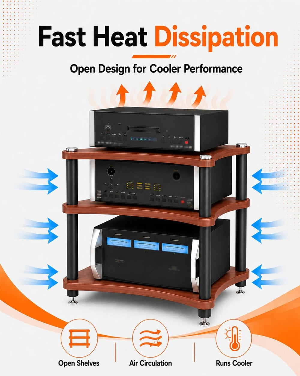Heavy Duty 3-Tier AV Media Stand, 264 lb Load Capacity, Teak