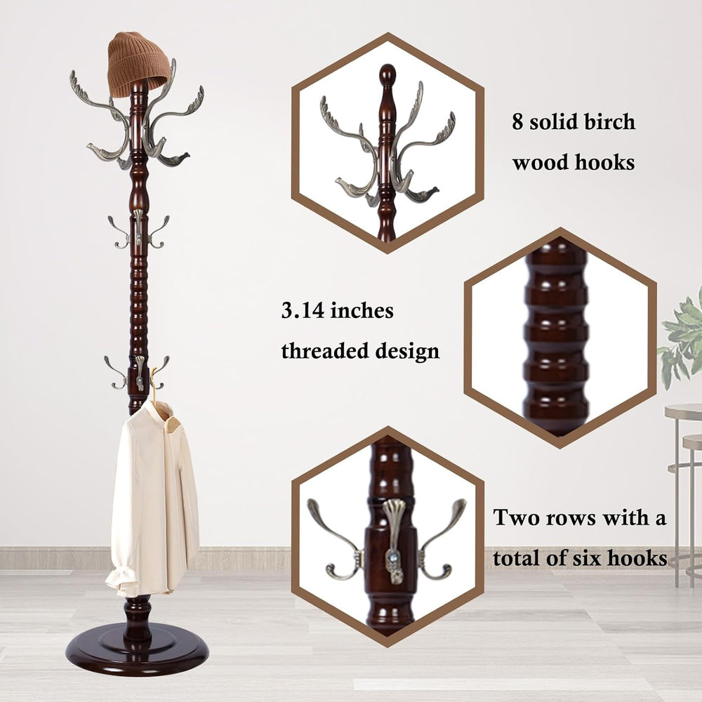 Coat Rack Stand, Solid Wooden Coat Tree with 14 Hooks, Heavy Duty Coat Rack F...