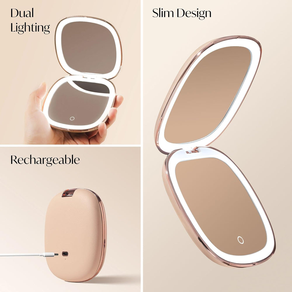 Fancii Mila 2 Compact Makeup Mirror with LED Light, Rechargeable, 10x /1x Mag...