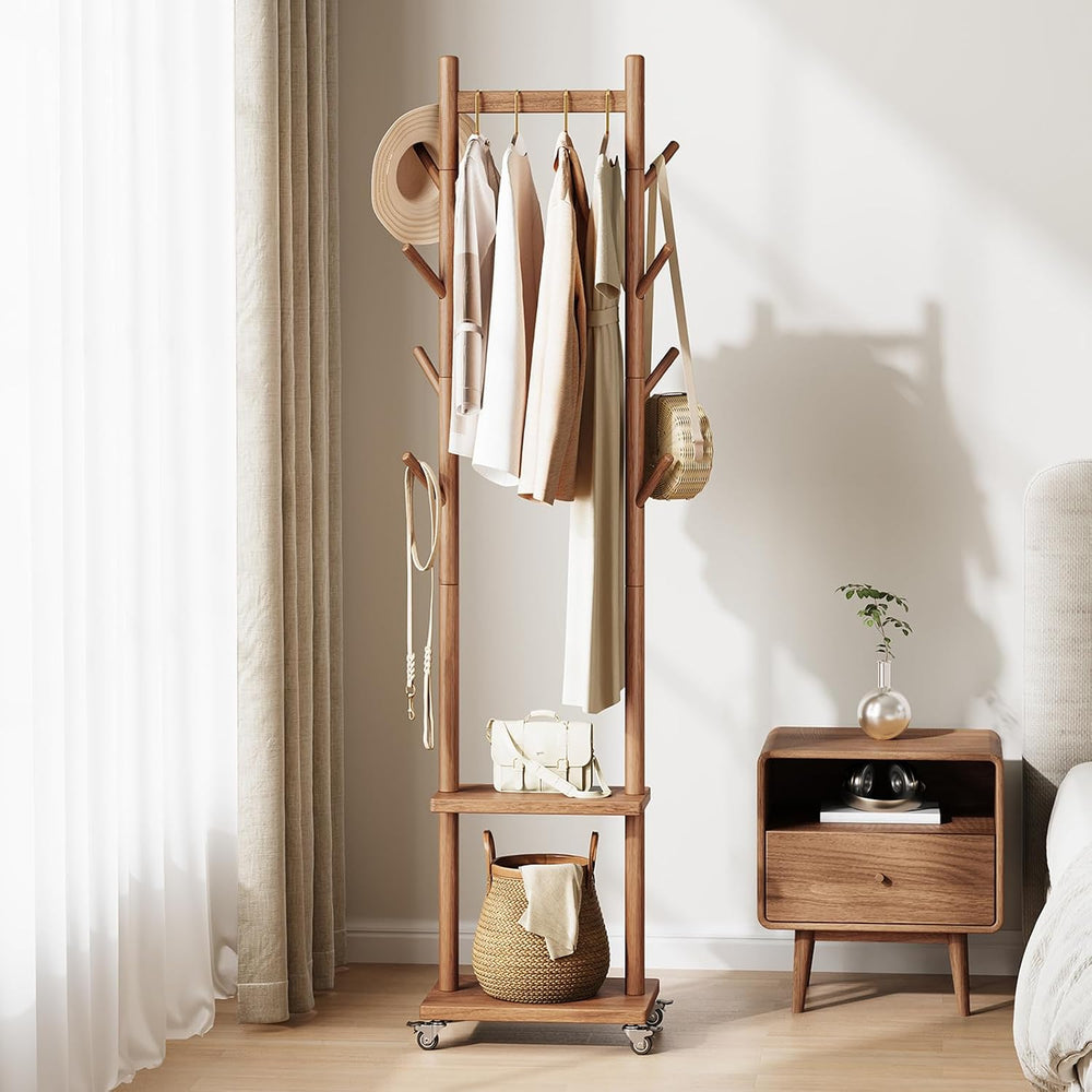 Yoobure Solid Wood Coat Rack Freestanding - Rolling Clothes Rack with 8 Hooks...