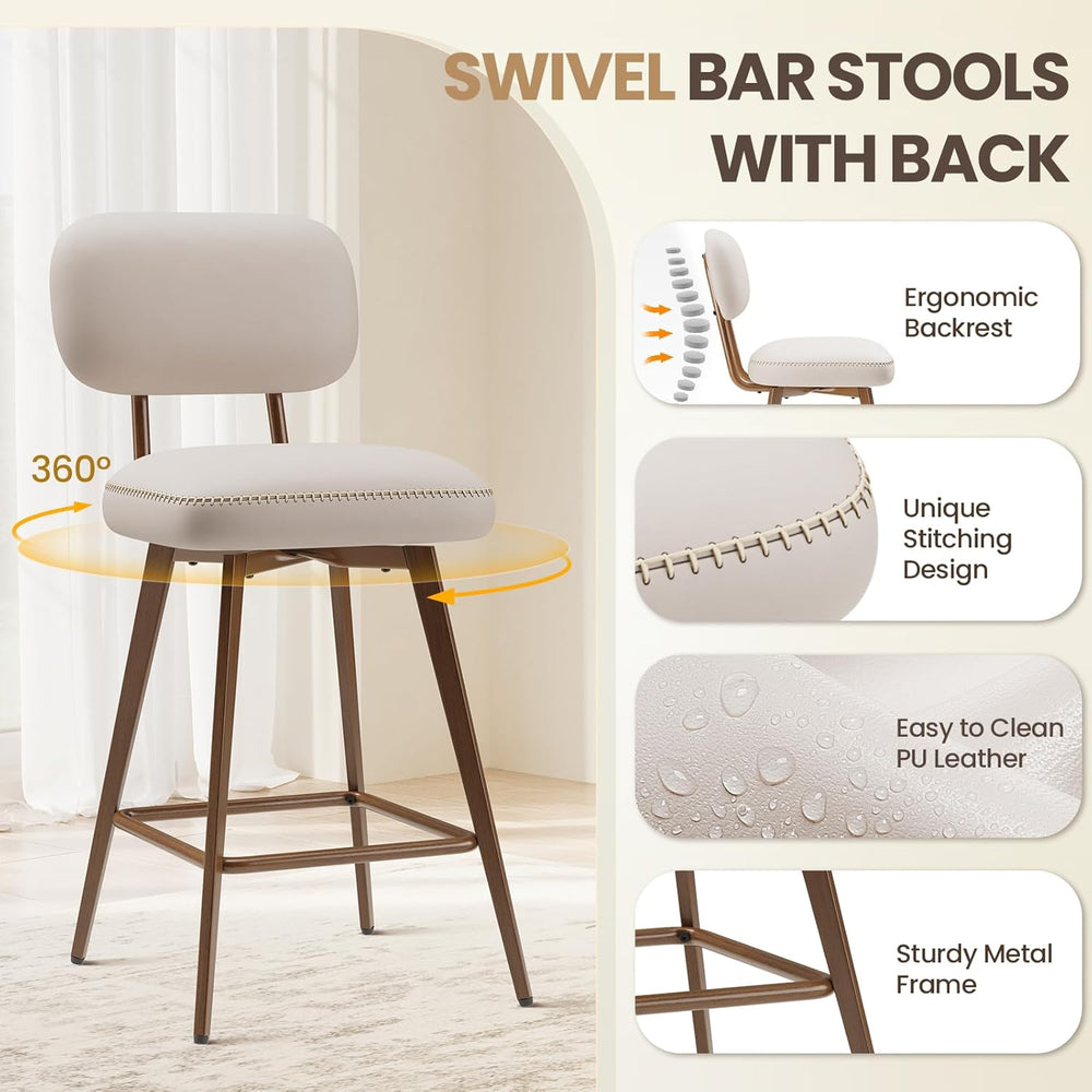 MALOL 26“ Mid Century Leather Swivel Bar Stools Set of 2, Beige