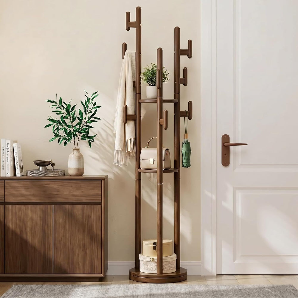 Rotary Coat Rack Freestanding - Solid Wood Coat Tree with 9 hooks & 3 Sto...