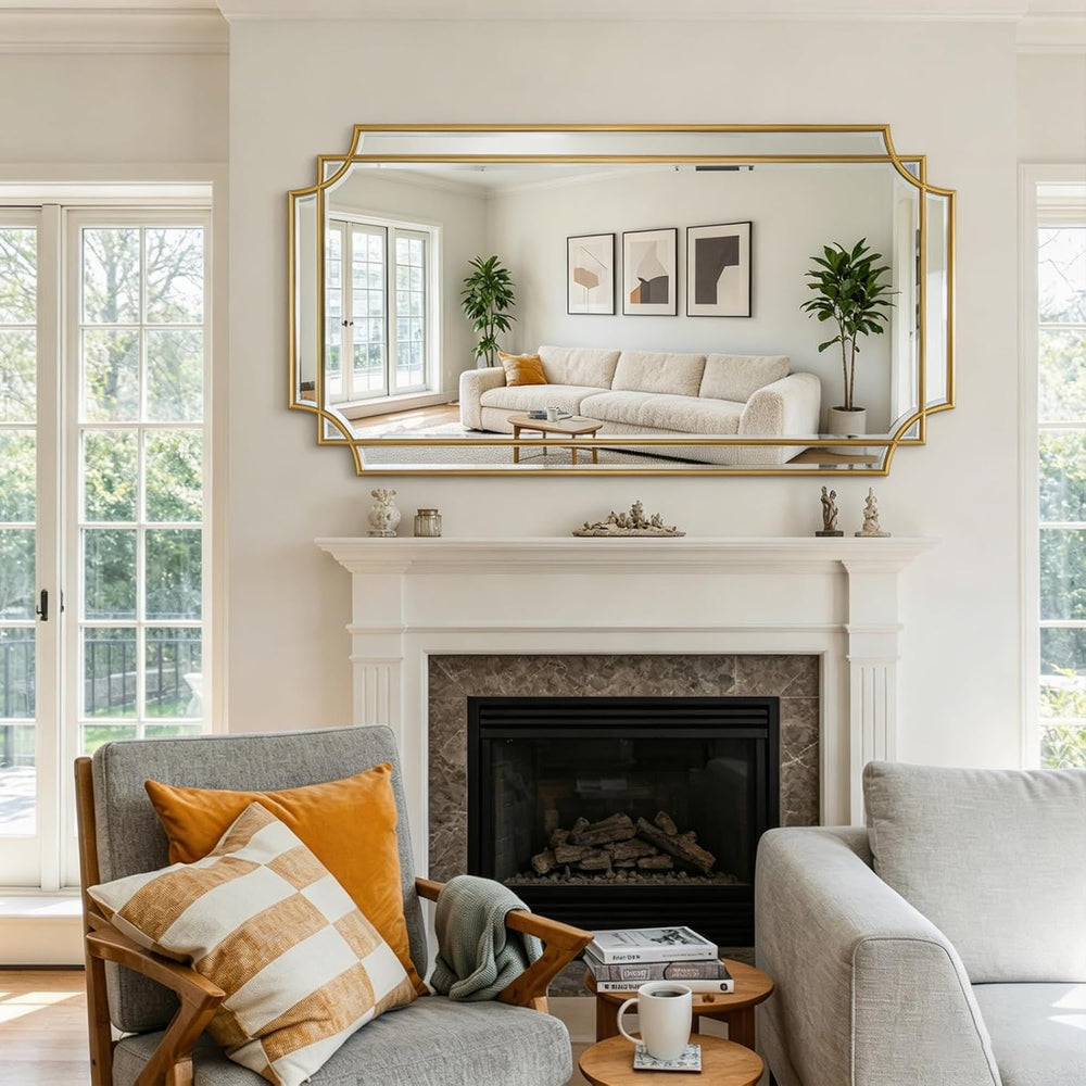 59"x30" Large Rectangle Beveled Mirror with Gold Geometric Frame