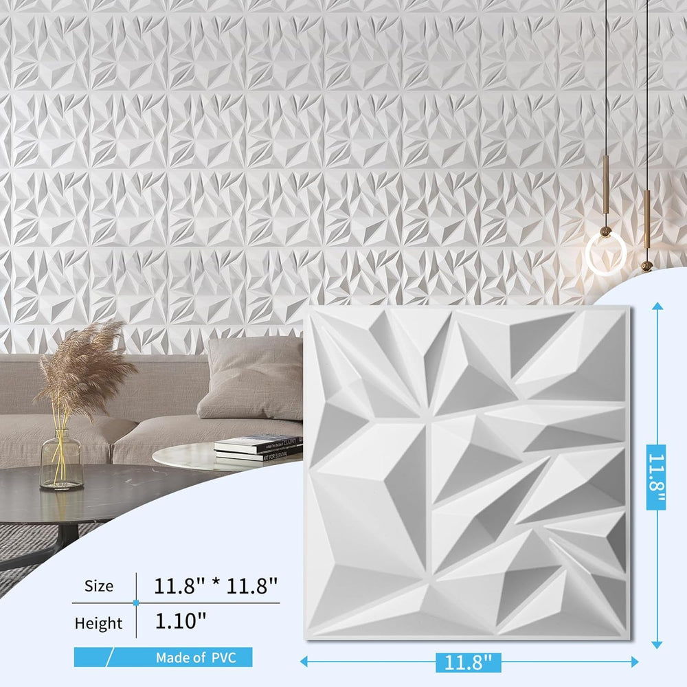 Art3d 33-Pack Modern Diamond Textured 3D Wall Panels, 12 x 12 in, White