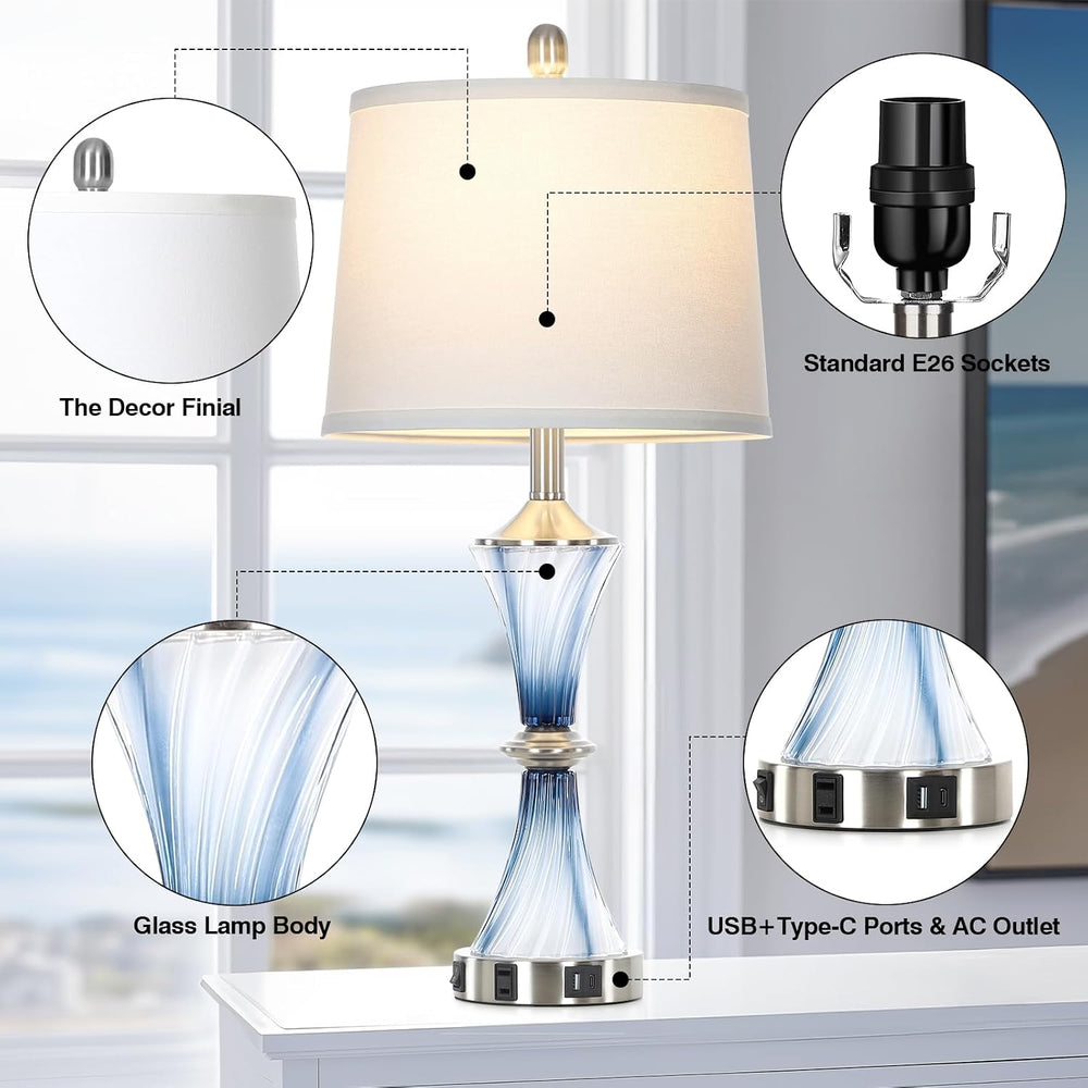 Rinweey Blue Glass Table Lamp Set of 2 with USB C+A Ports & AC Outlet, Be...