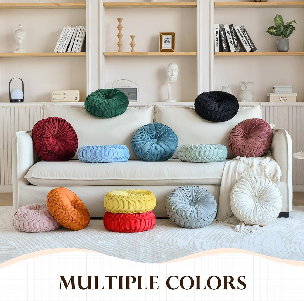 Teieas 2 Pcs Round Throw Pillows Decorative Velvet Pleated Bed Pillows