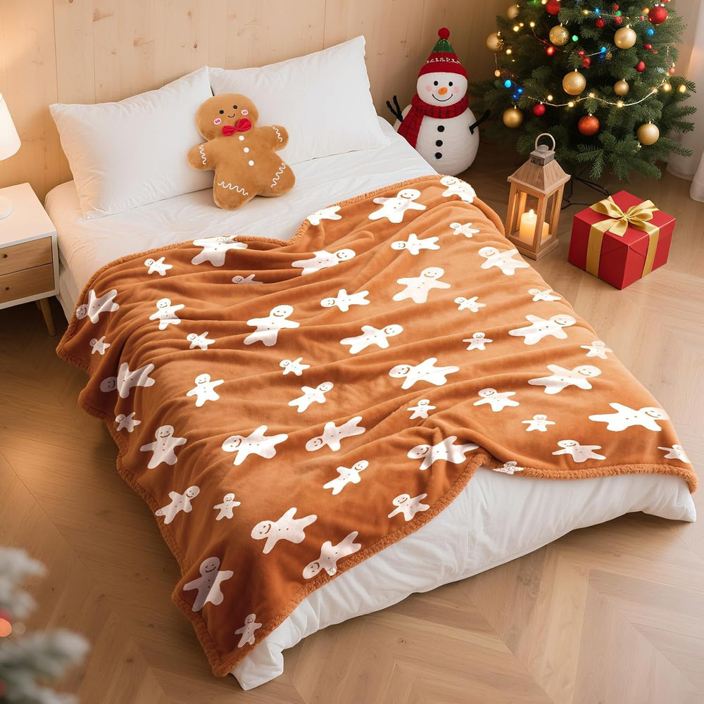 2pcs Gingerbread Man Christmas Throw Blanket and Pillow Set