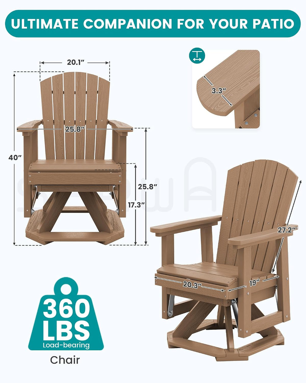 SERWALL HDPE Adirondack Swivel Glider Chair Set of 2 for Outdoor