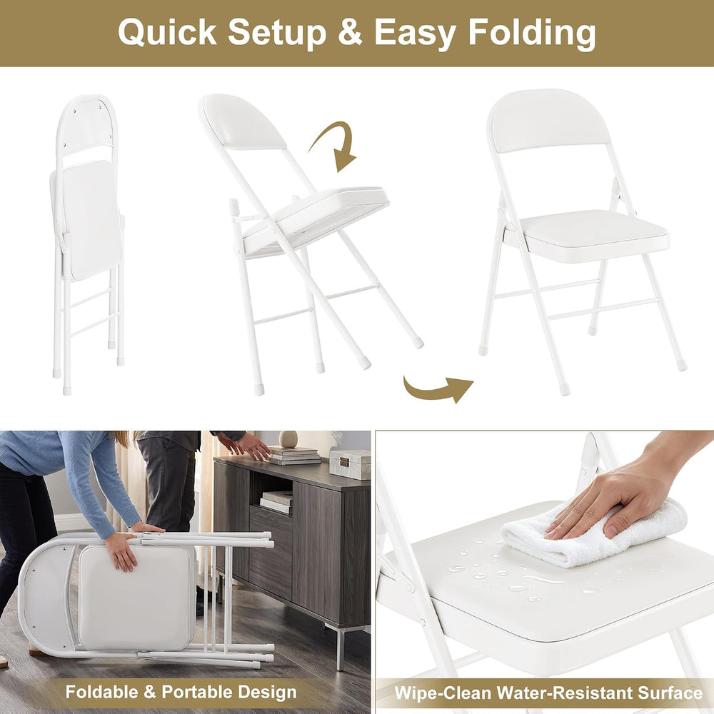 VECELO Folding Chairs Set of 2, Faux Leather Padded, White