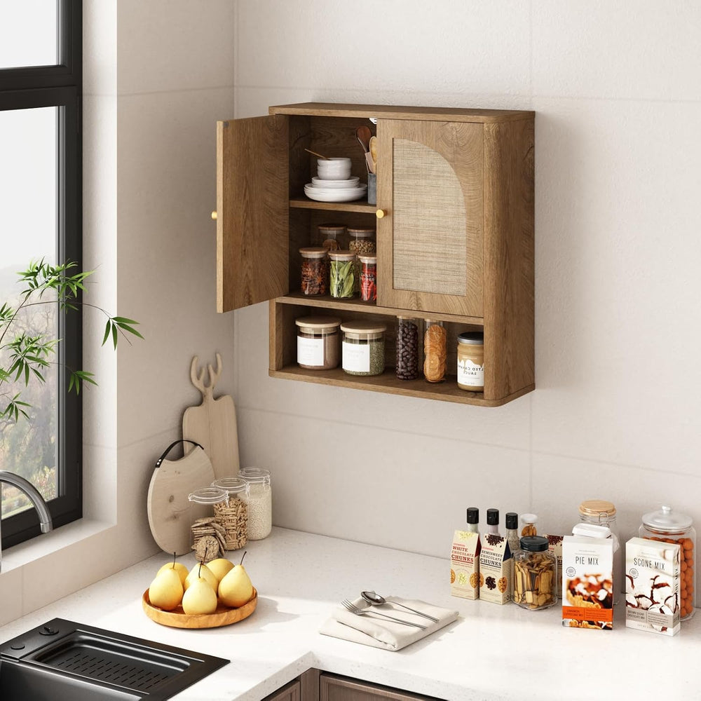RUSTOWN Rattan Bathroom Wall Cabinet with 2 Arched Doors & Adjustable Shelf