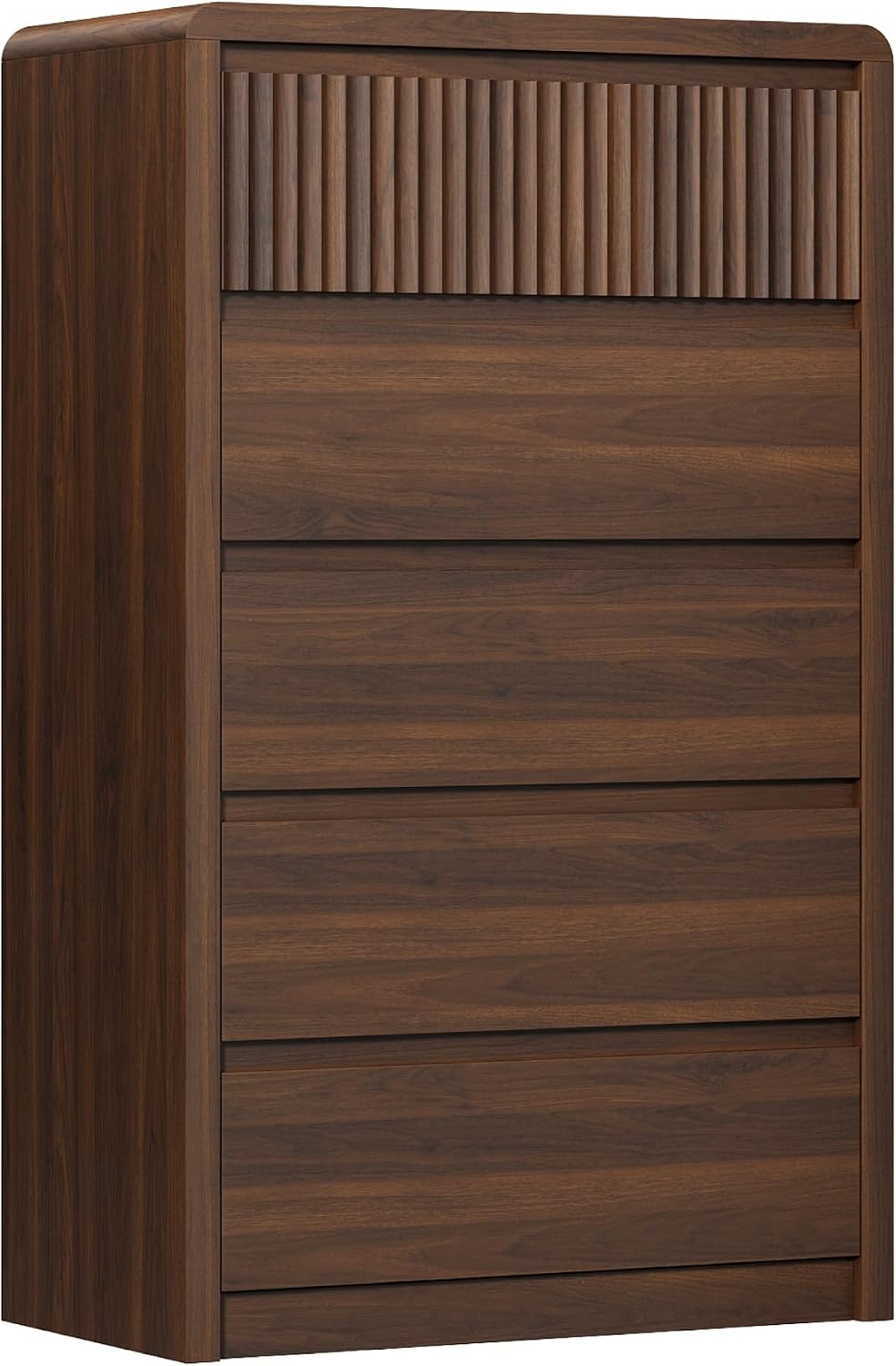 LYNSOM Walnut Fluted 5 Drawer Dresser for Bedroom, Curved Edge, 48" Tall
