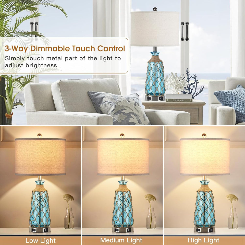 Ruzectt 25.5" Coastal Glass Table Lamps Set of 2, 3-Way Dimmable Touch C...