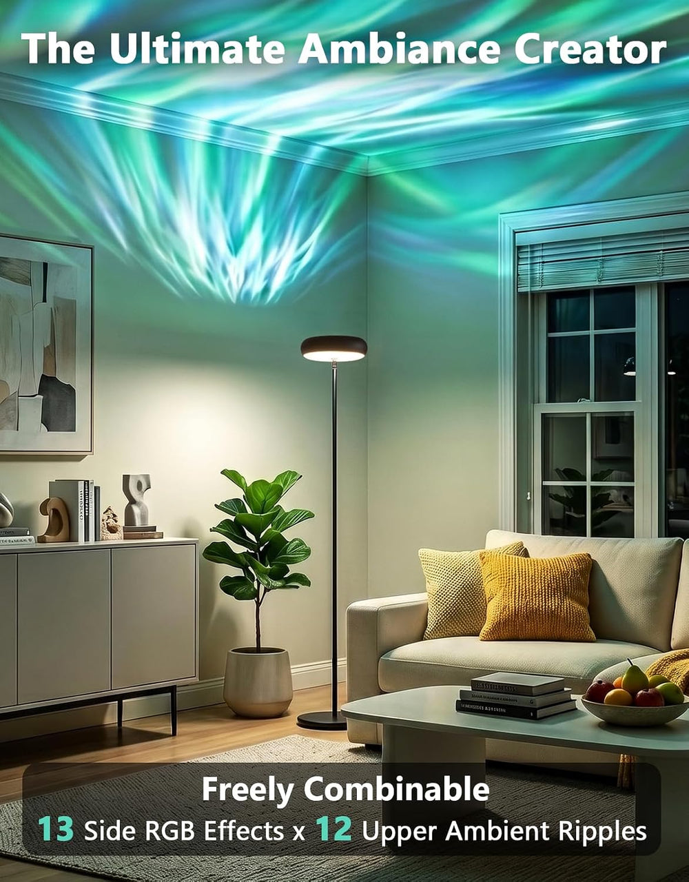 Bairth Uplighter Floor Lamp for Living Room, Ripple and Star Projector
