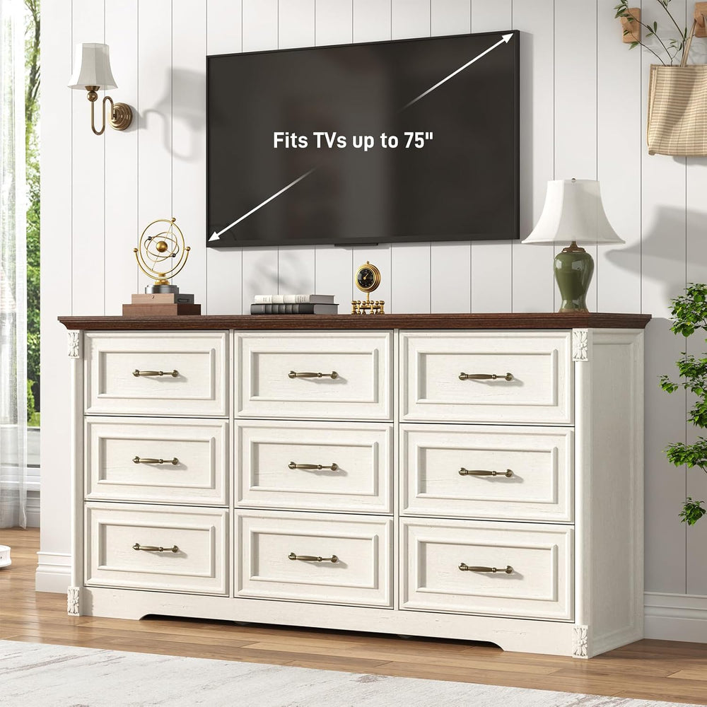 Farmhouse Wood 9 Drawer Dresser for Bedroom,Embossed Roman Column Wood Rustic...