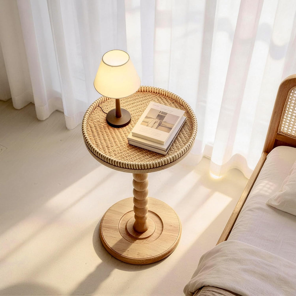 Rattan Round Side Table, Rubberwood Small Drink Table for Small Spaces