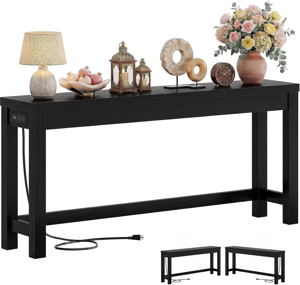 Cyclysio 63" Console Table with 2 AC Outlets & 3 USB Ports, Black