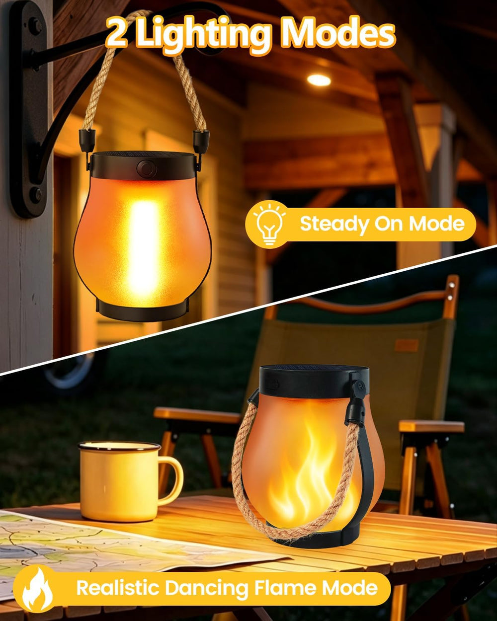 2 Pack Solar Lanterns Outdoor Waterproof, Solar Flame Lanterns with 2 Modes