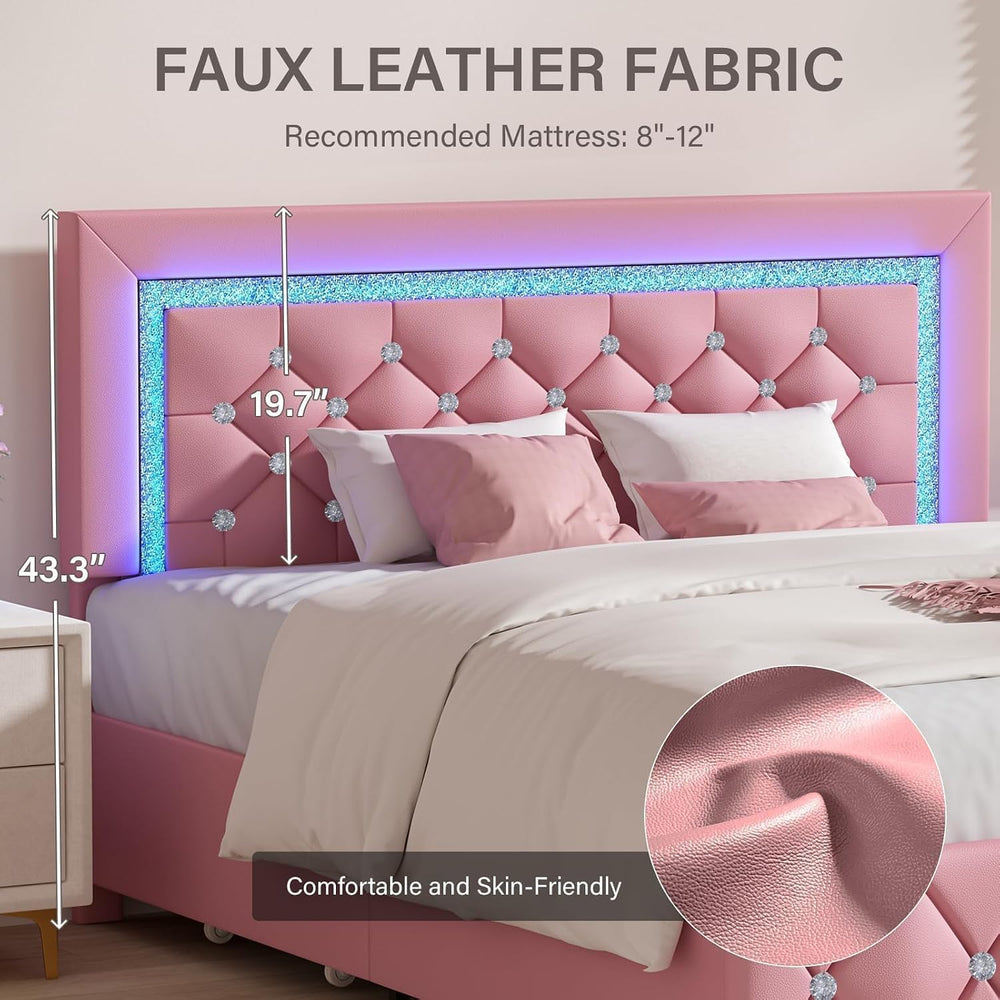 BarnFurin Full Size Bed Frame with LED Headboard and Storage Drawers,Pink