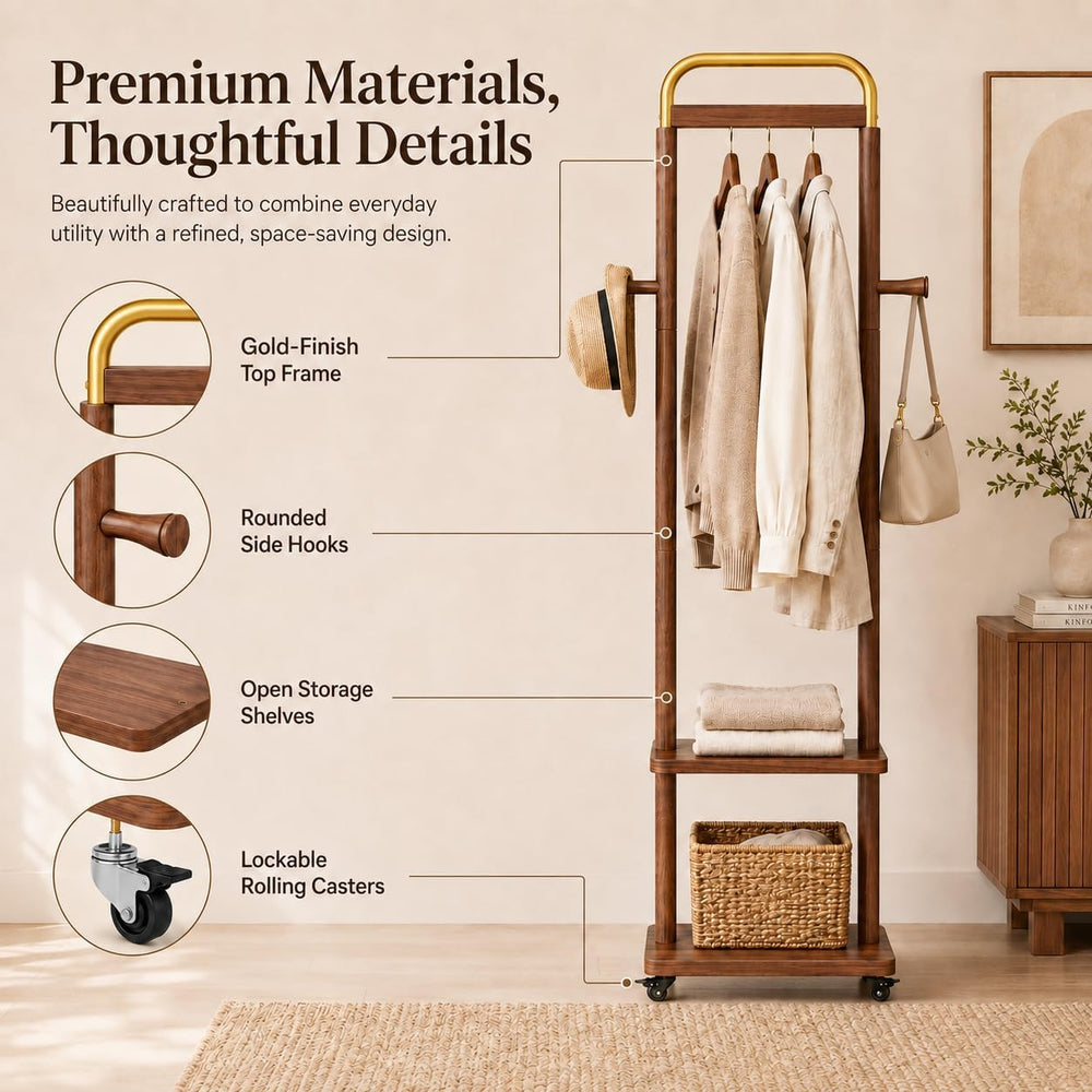 VetaDeMadera Wooden Coat Rack, Rolling Rack with Shelves