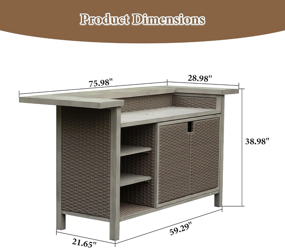 Domi Patio Bar Table, Outdoor Aluminum PE Wicker Bar Cart with Cabinet, All W...