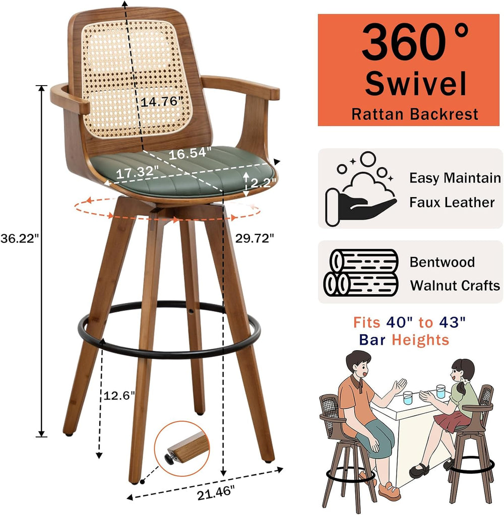 WUPOTO Mid Century Modern Bar Stools with Rattan Back