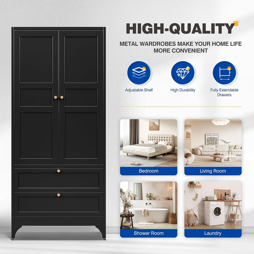BYNSOE 71" Tall Metal Wardrobe Closet with 2 Drawers, Steel Armoire Cabi...