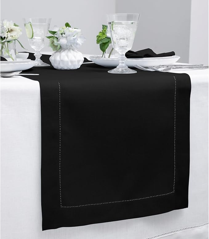 Solino Home Linen Black Table Runner 60 Inches - Classic Hemstitch, 100% Pure...