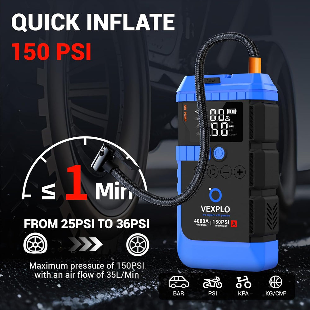 VEXPLO Jump Starter with Tire Inflator Portable Roadside Emergency Car Kit