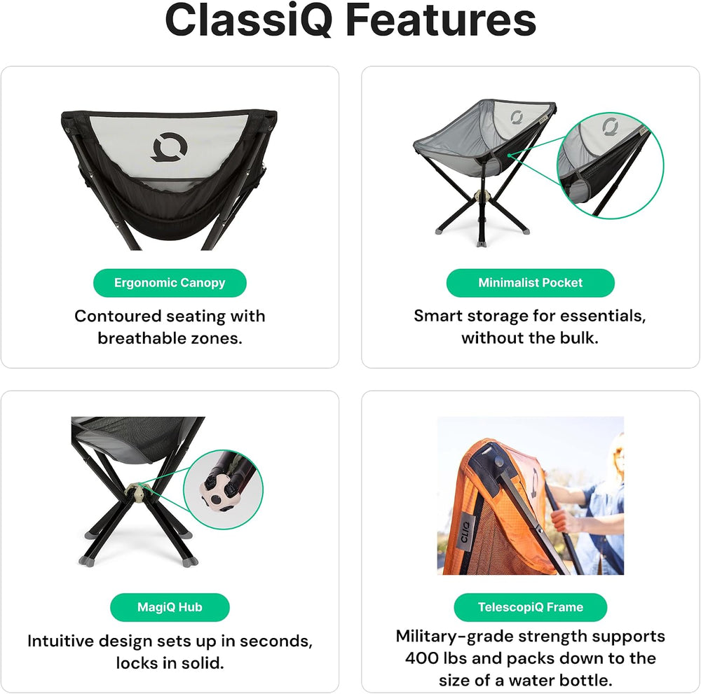 CLIQ ClassiQ Camping Chair, Lightweight Portable Folding Chair, Black