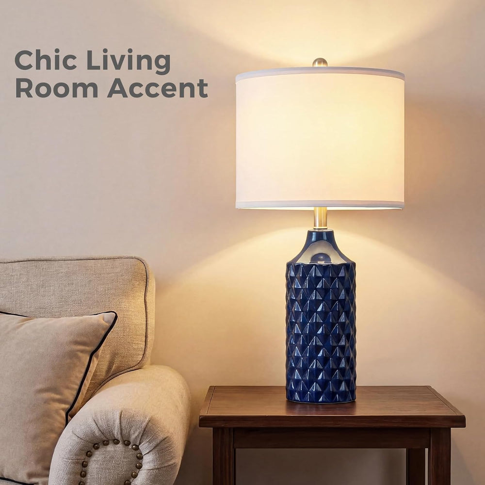 Qingmiao Modern Ceramic Table Lamp, Set of 2 - Navy Blue with Diamond Protrus...
