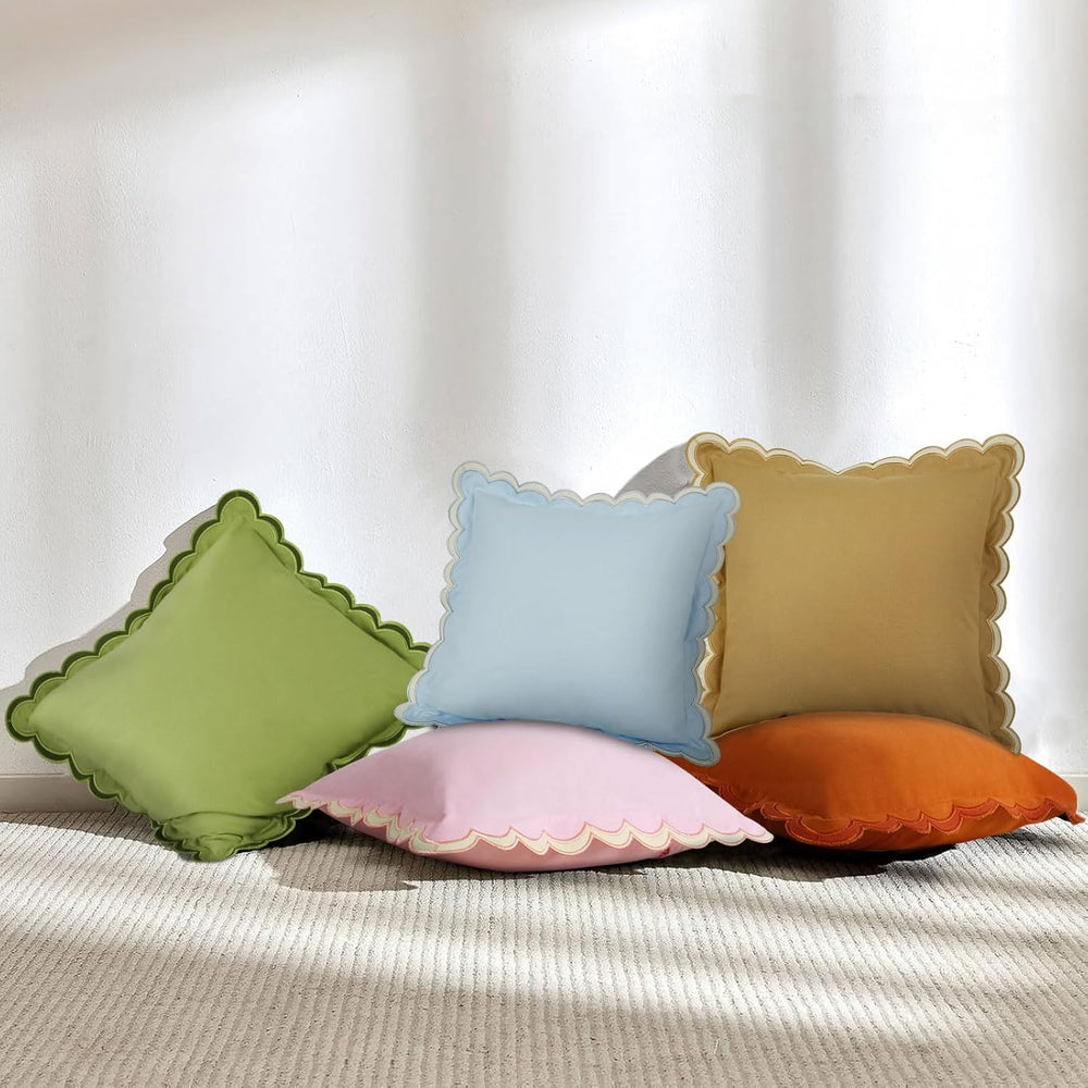 Scalloped Throw Pillow Covers Set of 2, 18x18 Inch Double Stitch Decorative C...