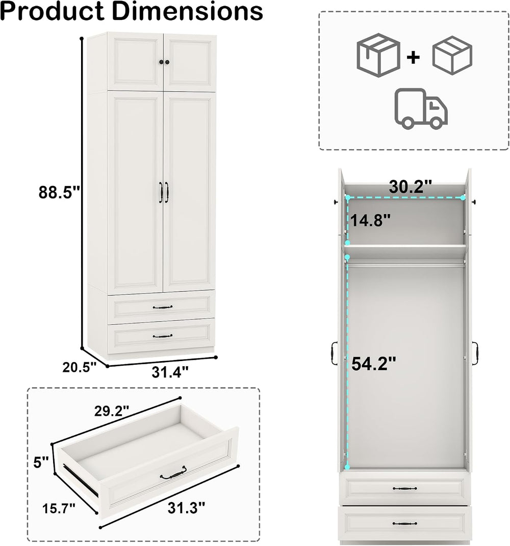 White Armoire Wardrobe Closet with 2 Drawers: 89" H x 31.5" W