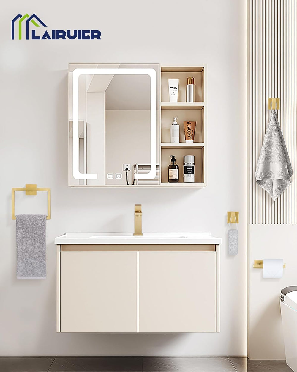 Brushed Gold Bathroom Accessories, Toilet Paper Holder, Towel Ring & Hooks