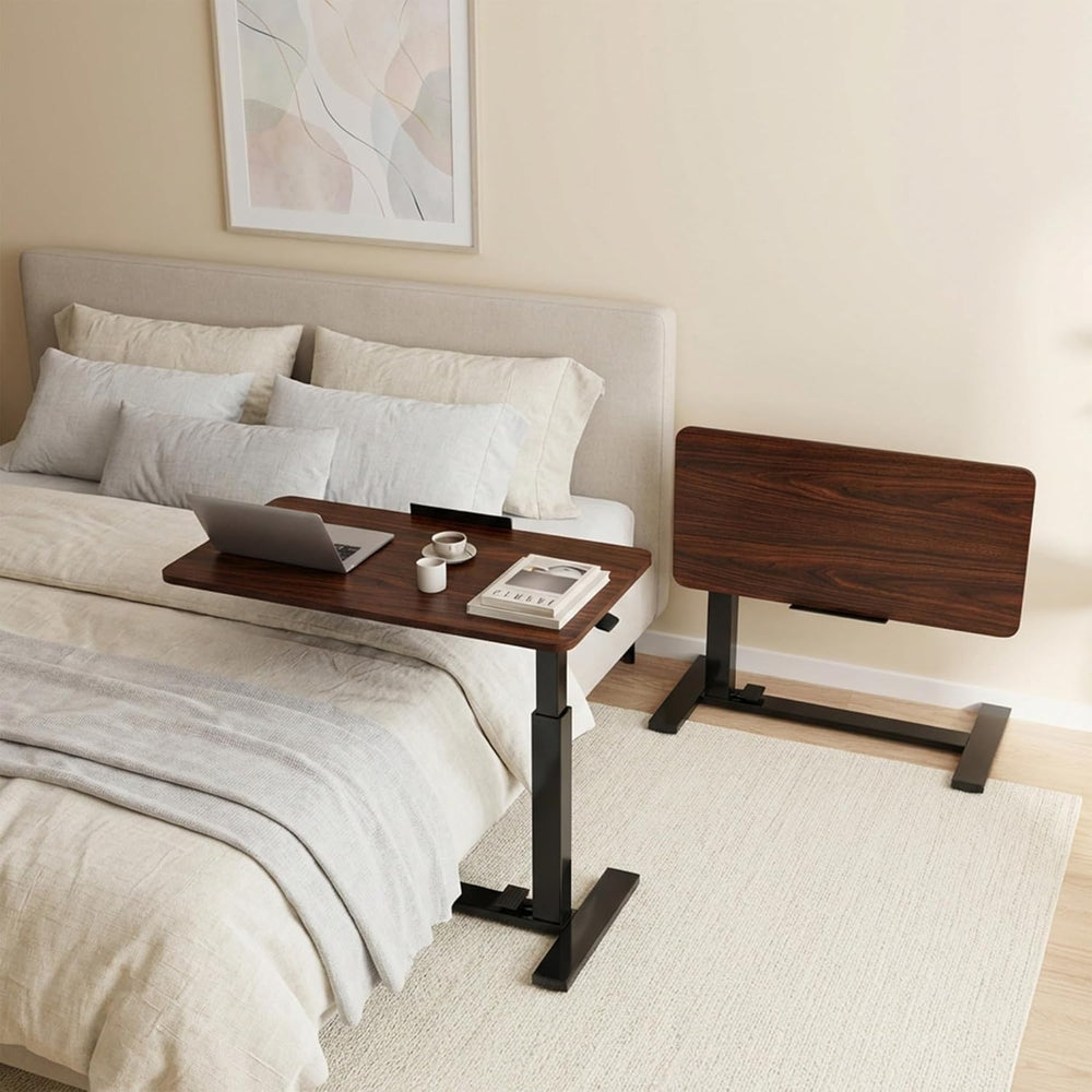DUMOS Overbed Table with Wheels, Height-Adjustable Bedside Table, Brown