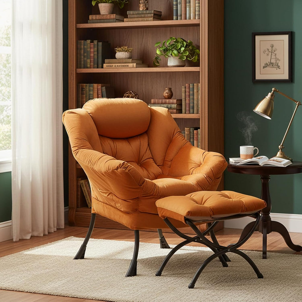 Welnow Lazy Chair with Ottoman, Reading Chair with Footrest, Reddish Brown