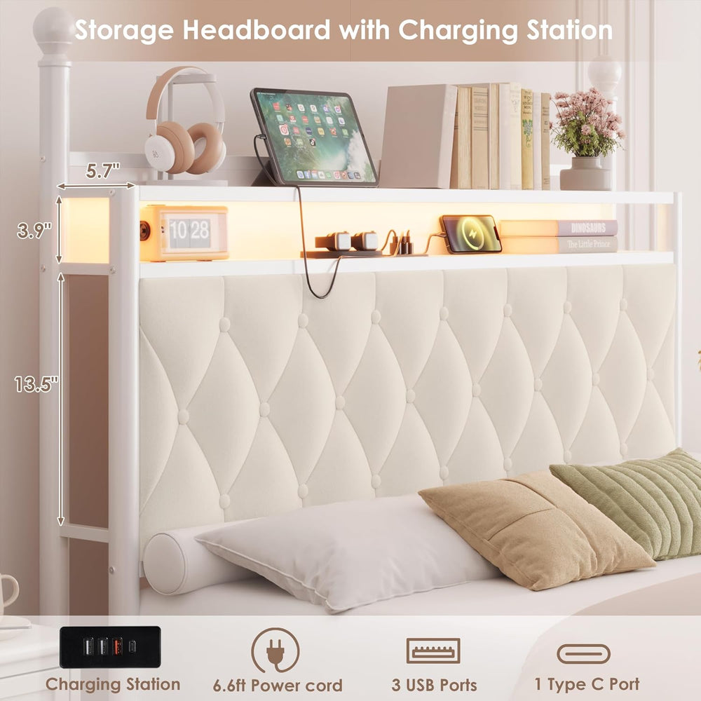 HIFIT Full Size LED Canopy Bed Frame with Storage & Charging Station, Beige