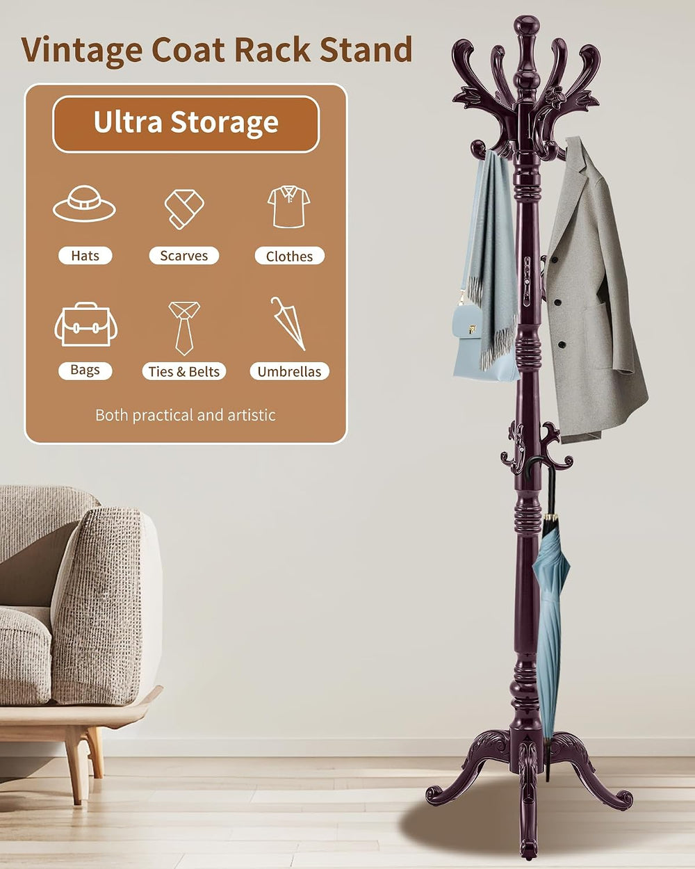 EZIVIEZ Coat Rack Vintage Solid Wood Coat Rack Freestanding with 14 Hooks