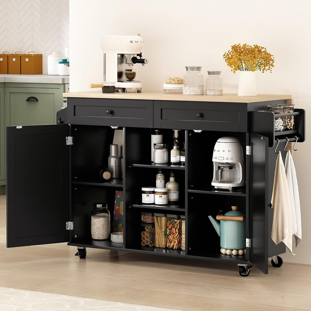 HLR Farmhouse Kitchen Island On Wheels, Black