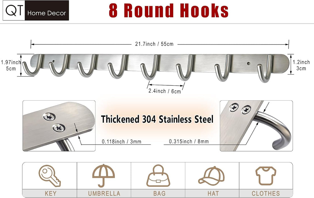 Wall Mounted Coat Rack with 8 Round Hooks - 21.6 Inch Brushed 304 Stainless S...