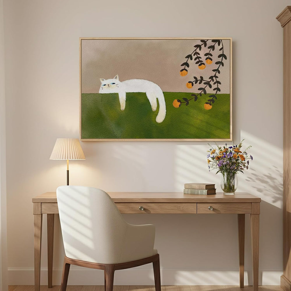 Large Framed Cozy Cat Neutral Green Canvas Wall Art Bedroom, 24x36 Inch