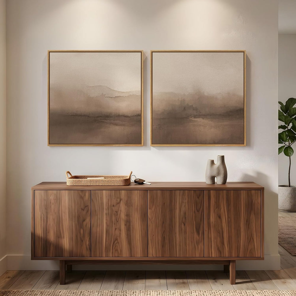 Framed Brown Abstract Landscape Wall Art Set of 2, Neutral Canvas Prints