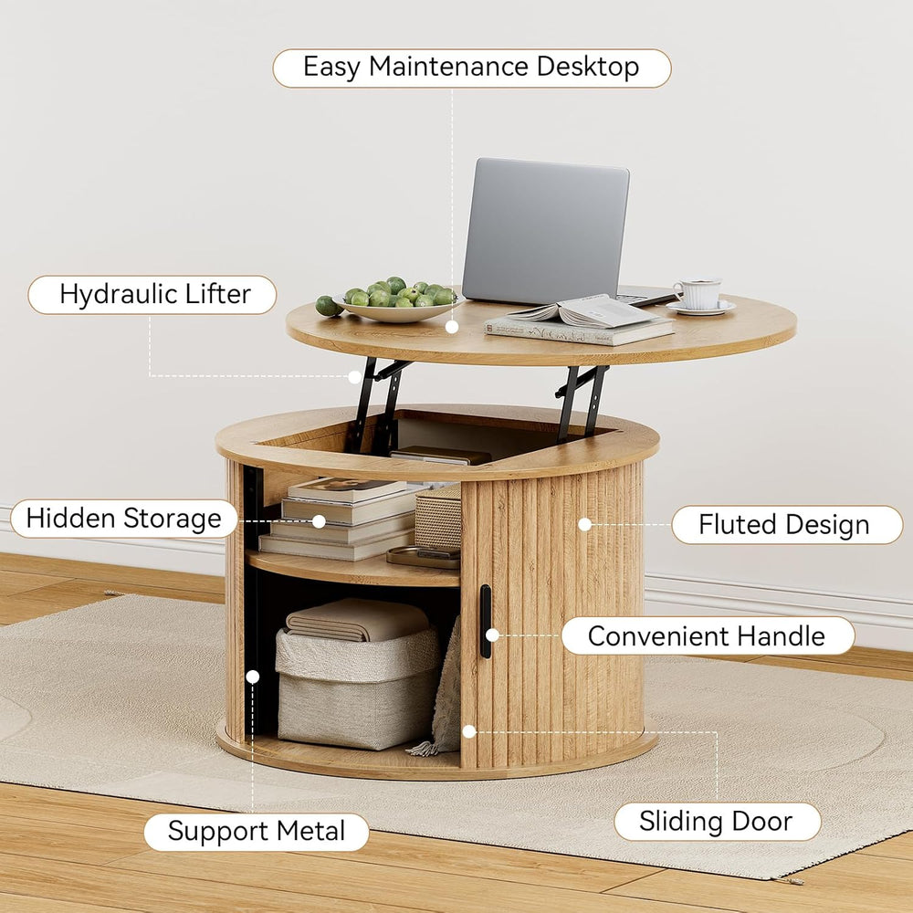 FABATO Round Lift Top Coffee Table Fluted Drum Table Sliding Door, Wood