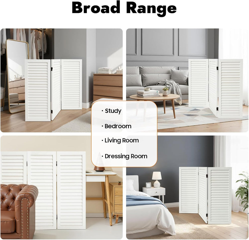3 Panel Room Divider Screen White, Paulownia Wood Freestanding Privacy Partit...