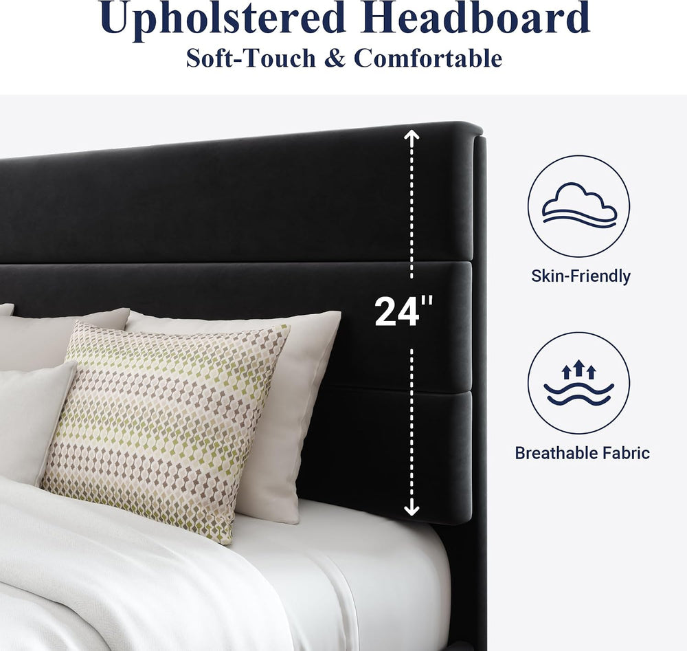 Allewie Queen Size Platform Bed Frame with Velvet Upholstered Headboard